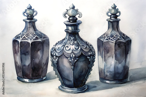 Magic potion in a fancy flask victorian style, watercolor clipart illustration with isolated background.