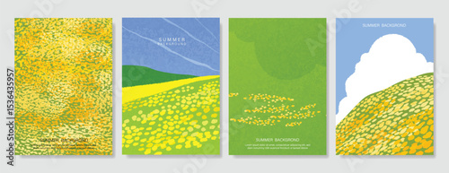 Abstract Green Summer landscape background vector set. Nature wallpaper of green field on mountain, yellow flowers, blue sky, rice. Watercolor illustration for cover, wall art, decoration.