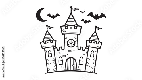 Black and white line drawing of a simple cartoon castle with three towers, a round window, and a door.
