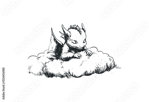 Adorable baby dragon resting on a fluffy cloud in whimsical sketch art. Vector retro hand drawn illustration