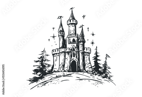Enchanted medieval castle with towers and pine trees in fantasy setting. Vector retro hand drawn illustration