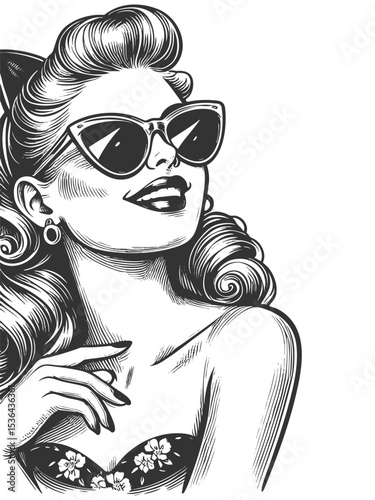 smiling glamorous woman wearing cat-eye sunglasses, floral top, and classic 1950s hairstyle sketch engraving generative ai fictional character vector illustration. Scratch board. Black and white.