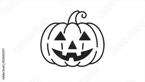 A simple, black and white line drawing of a pumpkin with a face, including a triangular nose, two small triangular eyes, and a jagged mouth