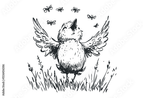 Joyful singing bird with open wings among flying insects in nature scene. Vector retro hand drawn illustration