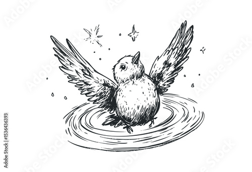 Sketch of a bird flapping its wings with flying birds. Vector retro hand drawn illustration