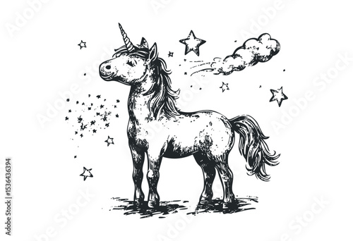 Hand-drawn unicorn with magical stars and cloud. Vector retro hand drawn illustration