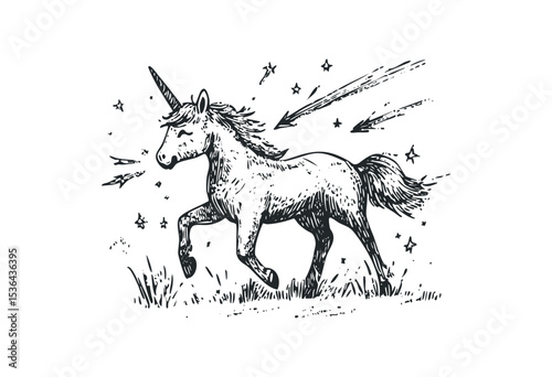 Hand-drawn unicorn illustration with stars and arrows. Vector retro hand drawn illustration