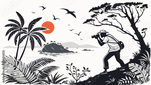A photographer captures a scenic tropical island sunset from a cliff overlooking the ocean