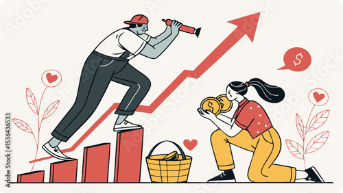 A man climbs a bar chart while a woman collects coins symbolizing business growth and success