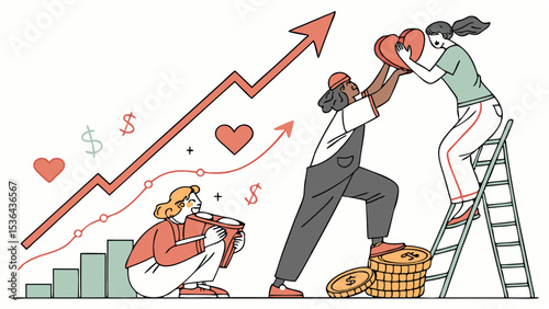Three people collaborate to increase donations, symbolized by hearts and a rising graph showing financial growth