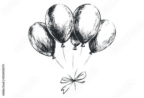 Vintage-style hand-drawn balloons illustration with ribbon. Vector retro hand drawn illustration