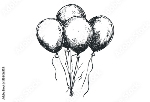 Hand-drawn sketch of five helium balloons for celebrations and parties. Vector retro hand drawn illustration
