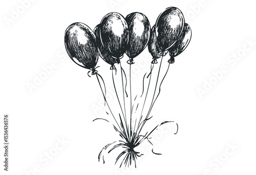Six hand-drawn balloons with strings in a sketch style. Vector retro hand drawn illustration