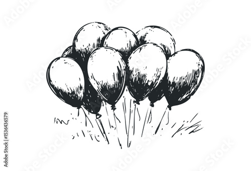 Sketch of a cluster of helium balloons with strings. Vector retro hand drawn illustration