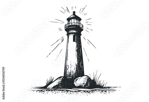 Illustrated lighthouse with rays emanating in nautical ink art style. Vector retro hand drawn illustration