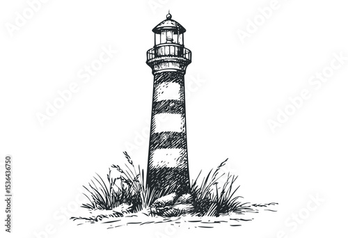 Detailed sketch of a lone lighthouse by the sea. Vector retro hand drawn illustration