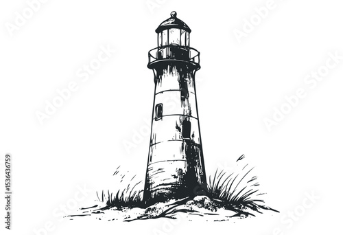 Vintage lighthouse drawing with seaside details in black and white. Vector retro hand drawn illustration