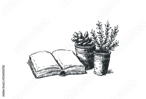 Open book and potted plants illustration: detailed sketch of succulent and herb. Vector retro hand drawn illustration