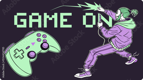A stylized illustration depicts a gamer holding a controller with the words game on in pixel art style