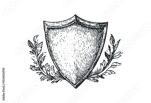Hand-drawn heraldic shield with laurel branches illustration. Vector retro hand drawn illustration