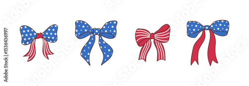 Patriotic Bow and Ribbon Vector Illustration in Red, White, and Blue for 4th of July Celebration, Festive Design with Stars and Stripes Perfect for Independence Day and National Holiday Decor