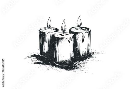 Artistic sketch of three melting candles with flames. Vector retro hand drawn illustration