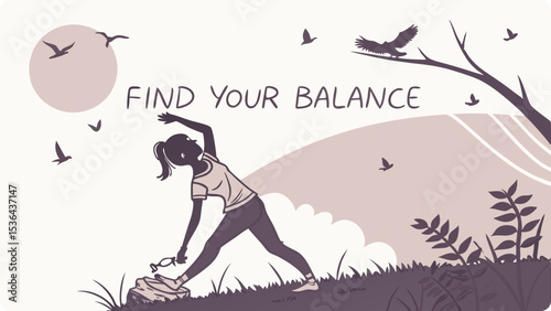 A woman finds her balance in a peaceful yoga pose outdoors, surrounded by nature and birds