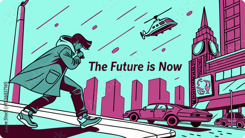 A man walks through a futuristic city, a helicopter flies overhead, and the words the future is now appear in the sky