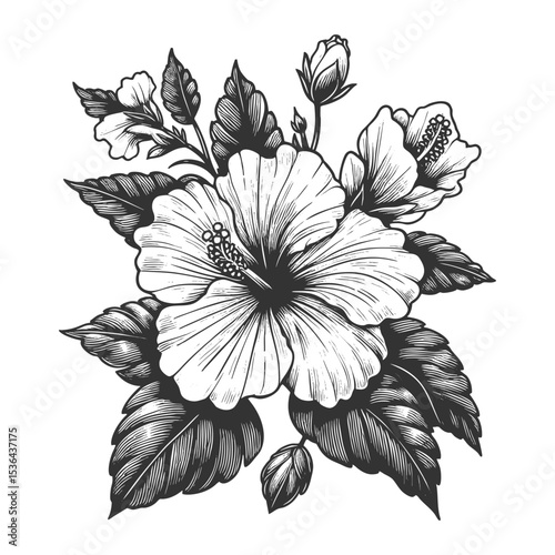 hibiscus flowers and leaves sketch engraving generative ai fictional character vector illustration. Scratch board imitation. Black and white image.