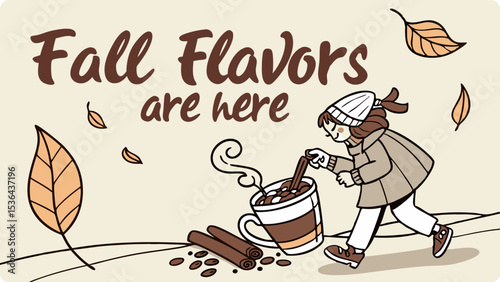 A cute girl adds cinnamon to a steaming cup of hot chocolate, surrounded by autumn leaves