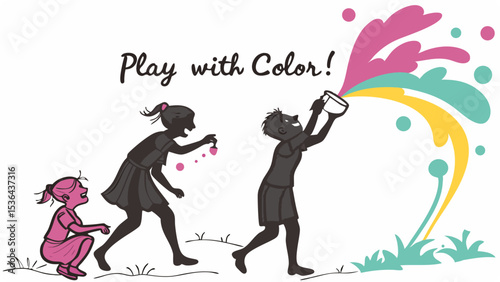Children playfully throw paint in a vibrant color splash illustration