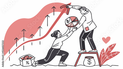 Two colleagues collaborate to increase business growth, symbolized by a rising graph and a pie chart