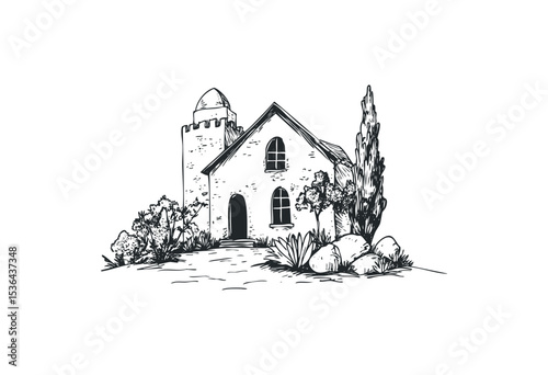 Medieval stone house with tower and garden sketch. Vector retro hand drawn illustration