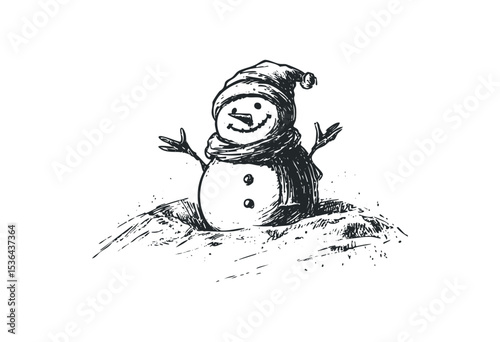 Cheerful snowman sketch with hat and scarf in winter scene. Vector retro hand drawn illustration