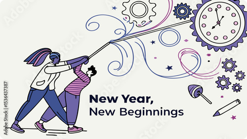 Two people collaborate to create new beginnings for the new year, symbolized by gears and a clock