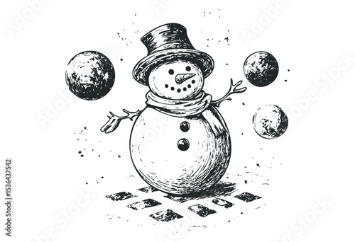 Vintage snowman sketch with floating spheres and top hat. Vector retro hand drawn illustration