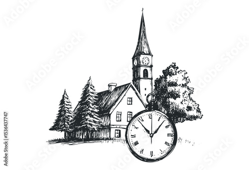 Vintage clock overlaid on historic church and pine tree scene sketch. Vector retro hand drawn illustration