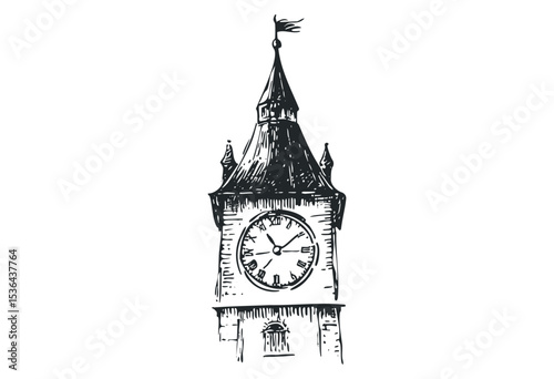 Vintage clock tower sketch with detailed architectural design. Vector retro hand drawn illustration