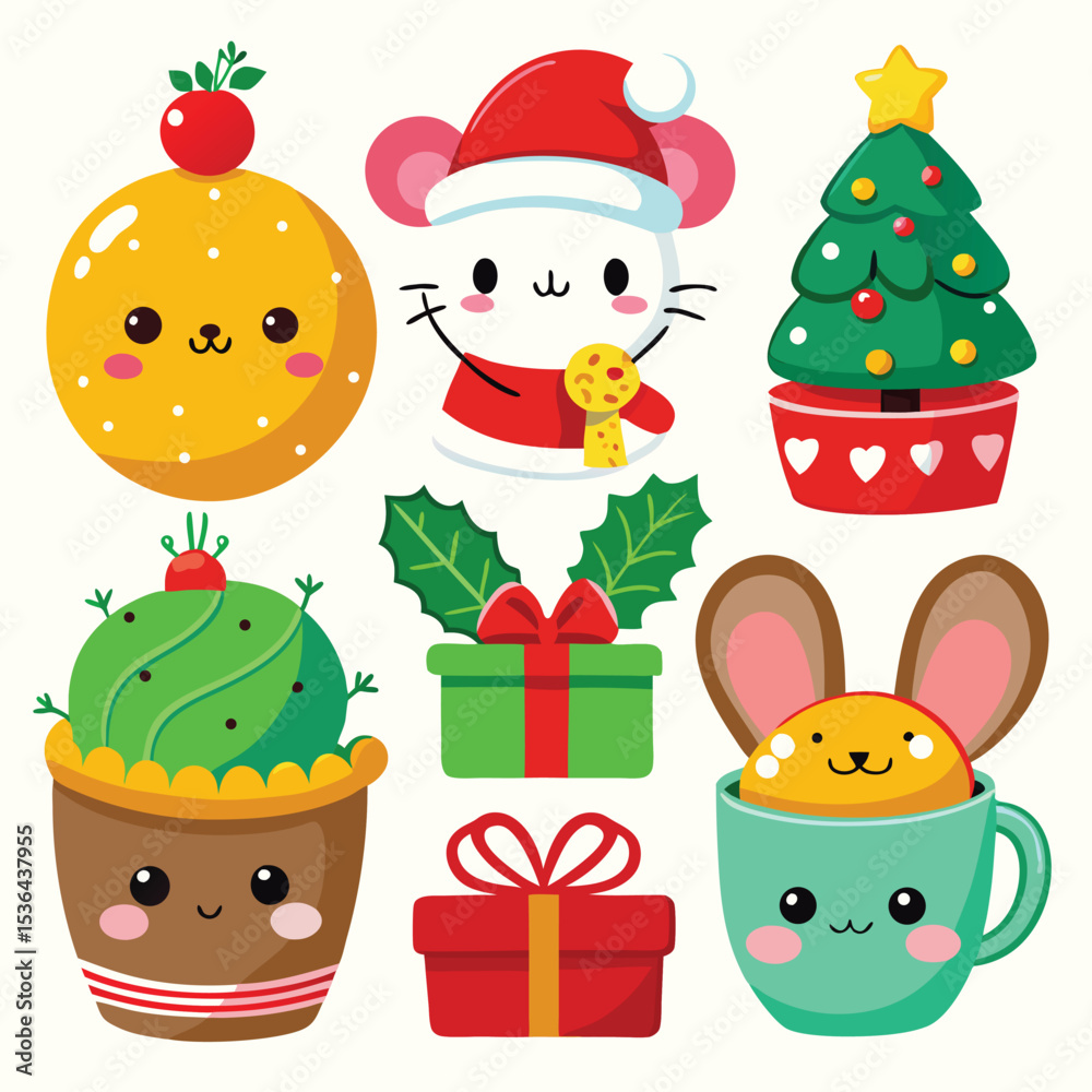 Naklejka premium Cheerful Christmas Collection Festive Holiday Themed Graphic Set with Red Green and Gold Elements