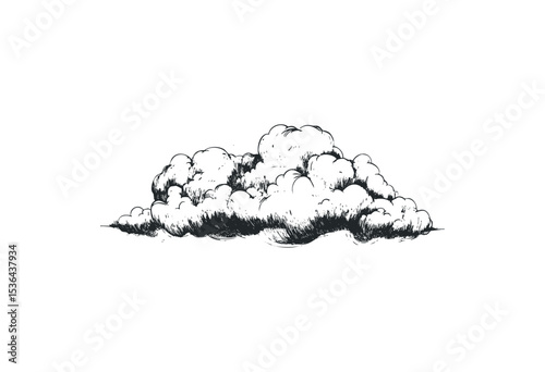 Detailed ink sketch of fluffy cumulus cloud formation. Vector retro hand drawn illustration