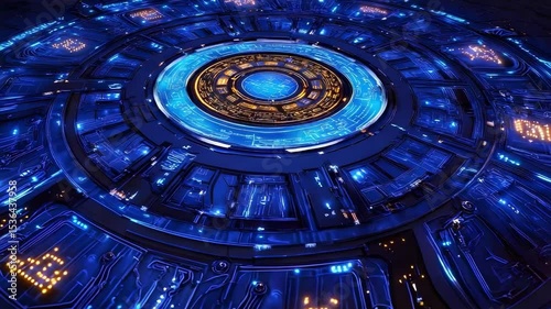 Wallpaper Mural A futuristic, circular interface with glowing blue and gold elements, resembling a high-tech control panel or portal. Torontodigital.ca