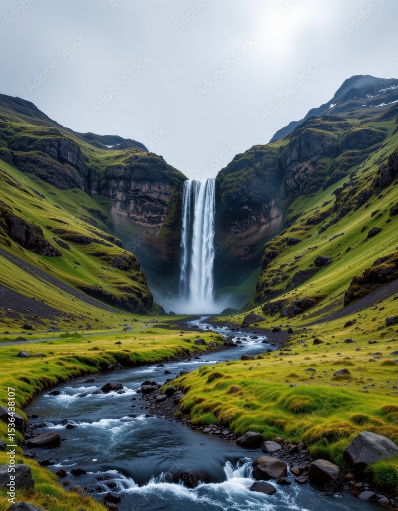 Fototapeta premium Majestic waterfall cascading through lush green valley iceland nature photography scenic view serene environment