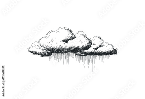 Hand-drawn sketch of rain-dripping clouds in black and white. Vector retro hand drawn illustration