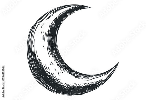 Hand-drawn crescent moon sketch with detailed texture. Vector retro hand drawn illustration