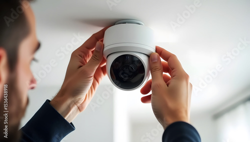 Person installing a modern security camera on a white ceiling for home surveillance