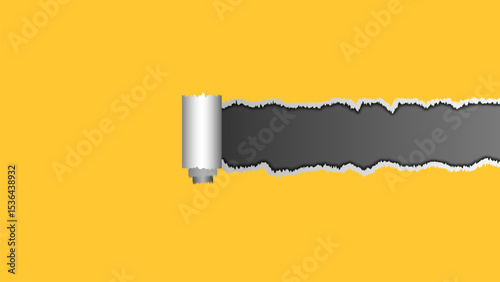 Torn Paper Effect. Realistic torn paper edges on yellow background, torn page edges isolated, horizontal tear effect, vector design element for album, website, poster, banner or note style.