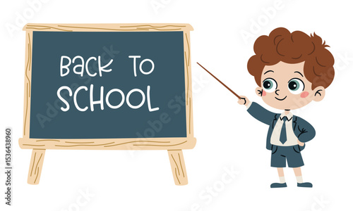 Flat vector illustration in a simple childish style. Cute boy in school uniform holding a pointer next to a blackboard, captioned back to school . Vector illustration