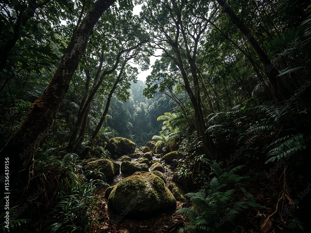 Obraz premium Dense Tropical Forest on Island with Morning Light