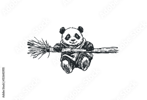 Cute hand-drawn panda bear holding bamboo broom in playful pose. Vector retro hand drawn illustration