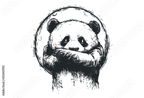 Illustration of a sad panda bear with moon in black and white. Vector retro hand drawn illustration